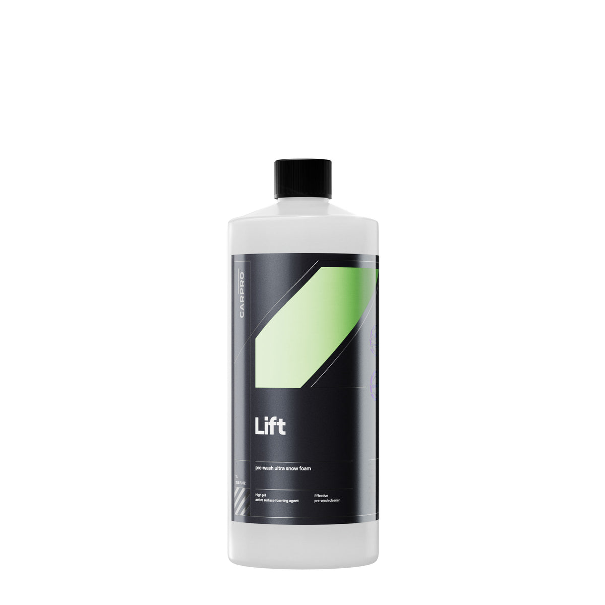 Flacone di CARPRO Lift, uno shampoo schiumogeno ultra per prelavaggio, con etichetta bianca, verde e grigia, progettato per rimuovere sporco e contaminanti prima del lavaggio principale dell'auto.