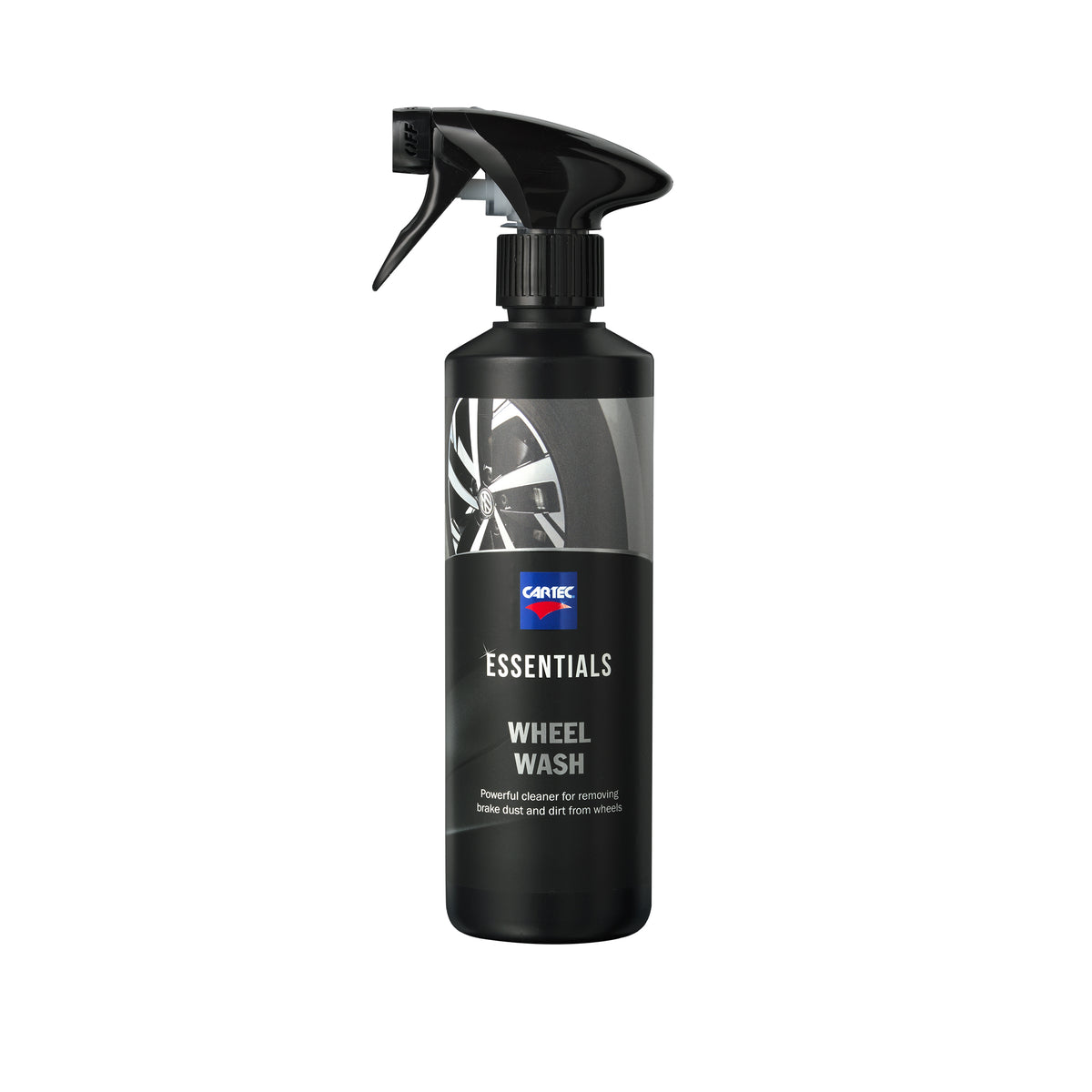 Flacone di CARTEC Wheel Wash con spruzzino nero, detergente potente per rimuovere sporco e polvere dai cerchi del veicolo.