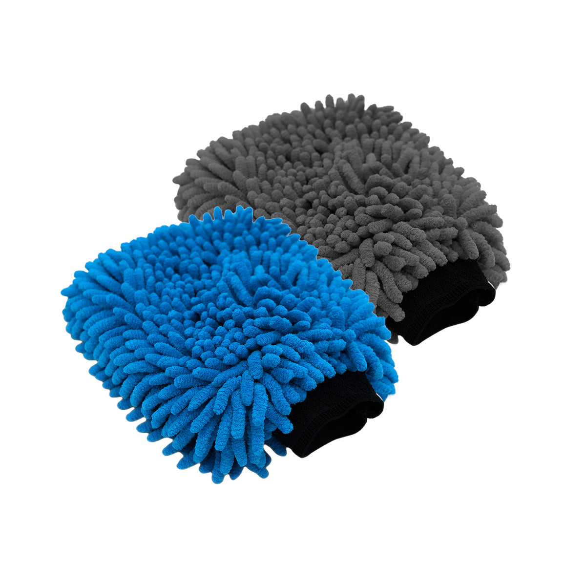 Due Guanti Lavaggio XL, uno blu e uno grigio, con struttura in microfibra a nappa, ideali per coprire ampie superfici durante il lavaggio auto in modo delicato ed efficace.