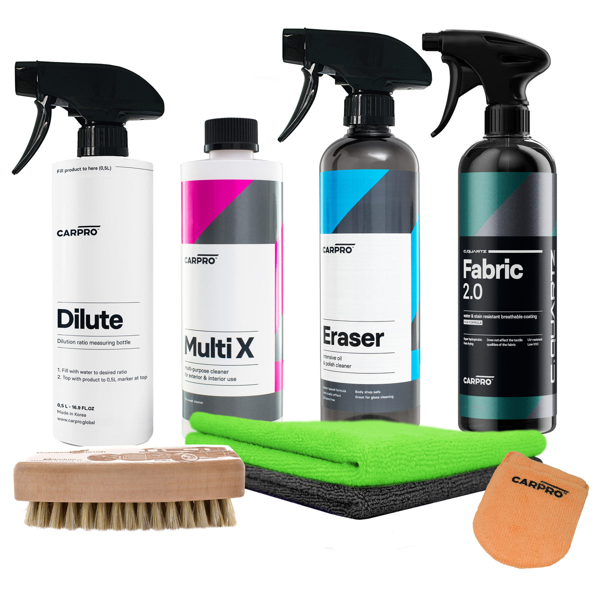 Kit CARPRO per la pulizia e la protezione dei tessuti interni e della capote dell'auto, inclusi vari prodotti specifici per una cura completa.