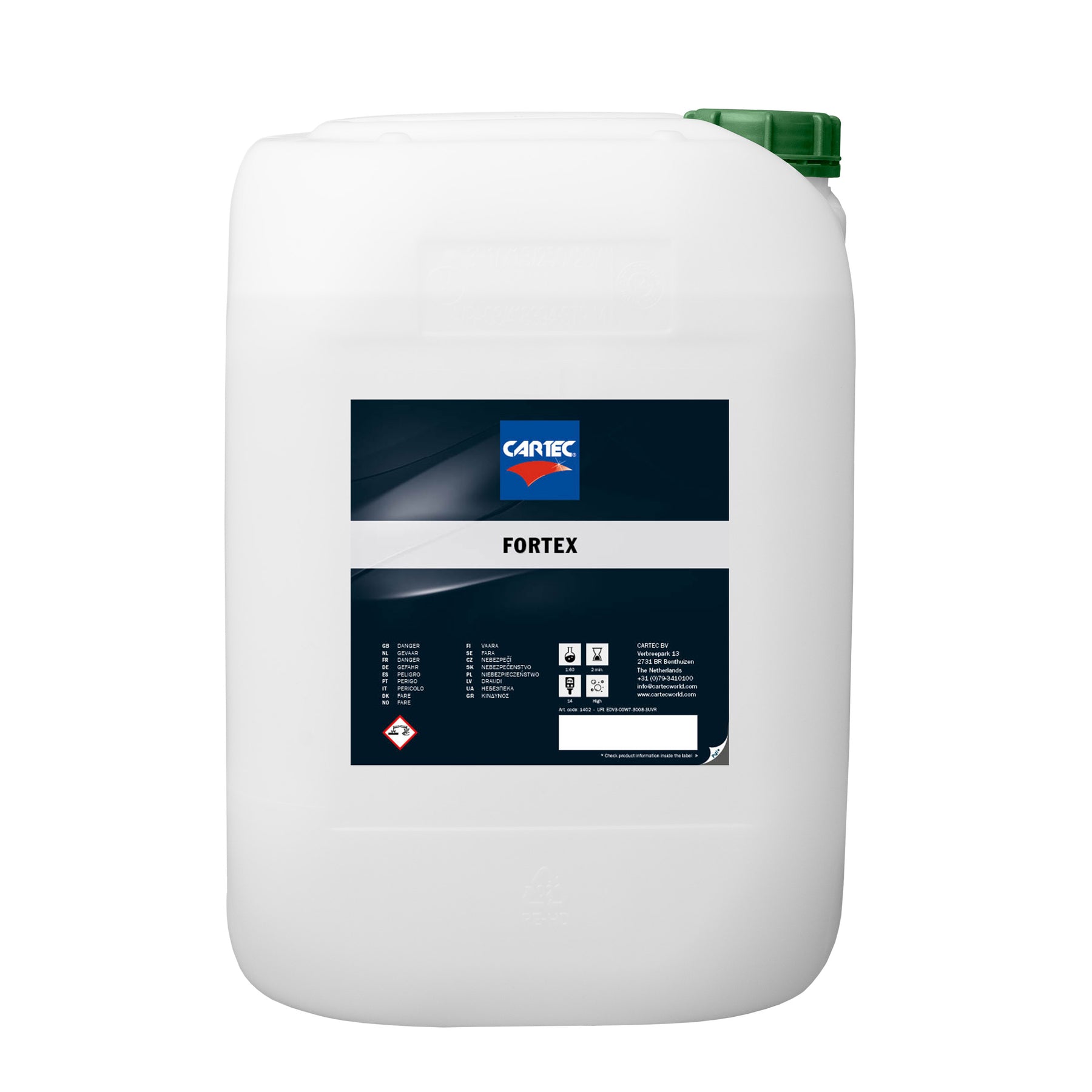 tanica 20 l di detergente CARTEC Fortex per rimuovere sporco e grasso ostinato.
