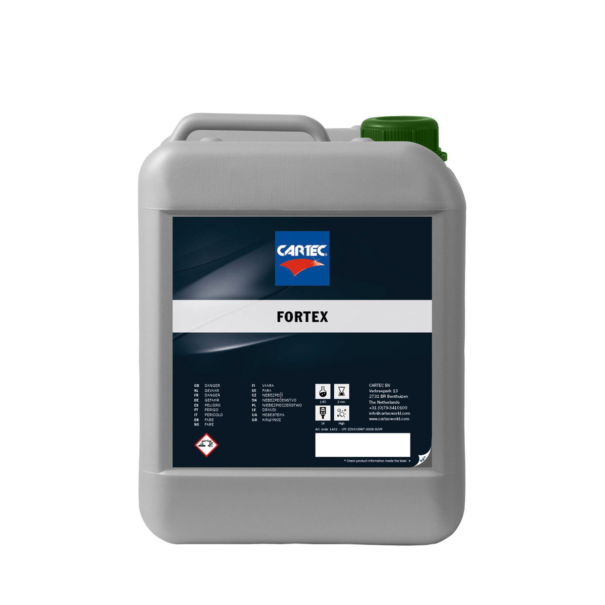 Tanica di detergente CARTEC Fortex per rimuovere sporco e grasso ostinato.