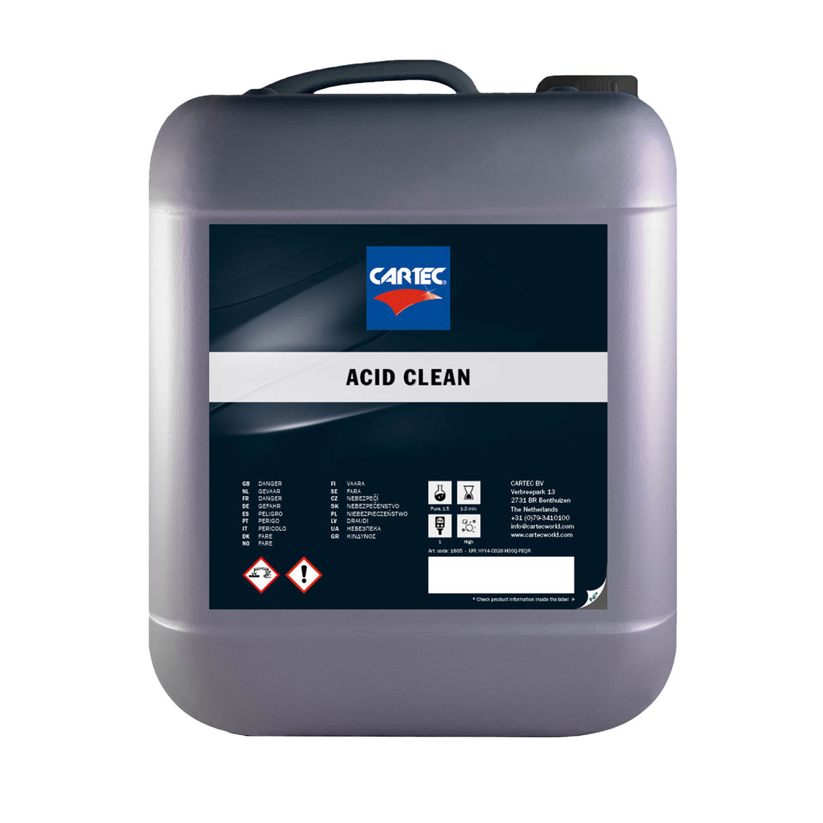 Tanica da 10 litri di CARTEC Acid Clean – potente detergente acido per la rimozione di contaminazioni e sporco ostinato dalle superfici dell'auto, ideale per una pulizia profonda.