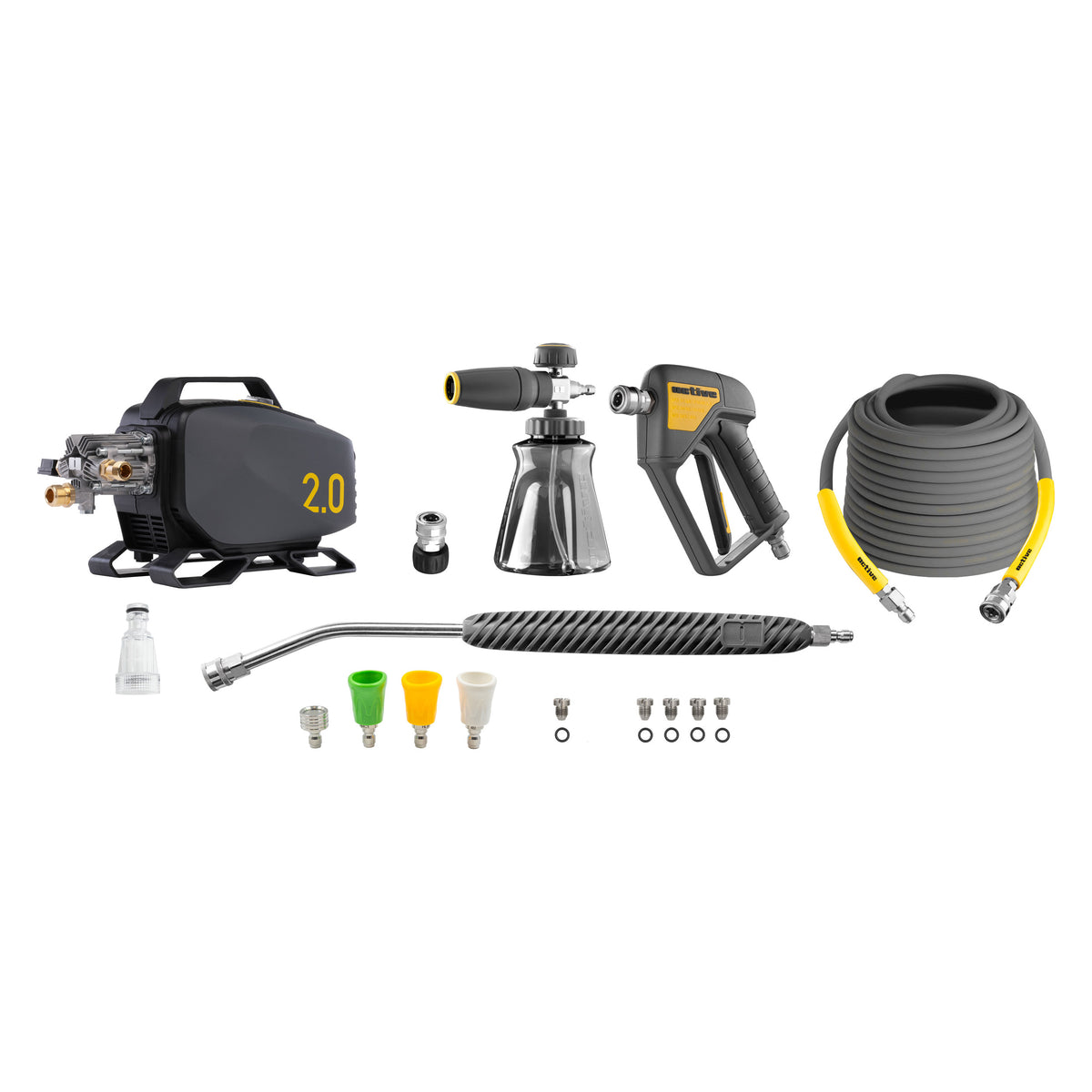 Kit completo ACTIVE Idropulitrice 2.0 con pompa a 5 pistoni, foam gun, pistola, tubo flessibile e lancia ad alta pressione