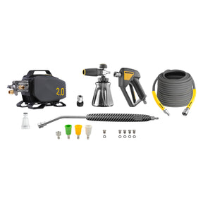 Kit completo ACTIVE Idropulitrice 2.0 con pompa a 5 pistoni, foam gun, pistola, tubo flessibile e lancia ad alta pressione