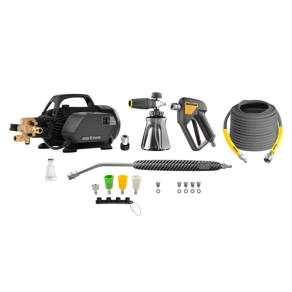 Kit completo ACTIVE Idropulitrice 2.3 con struttura rinforzata, pompa Pro a 5 pistoni, foam gun, pistola, tubo flessibile e lancia professionale