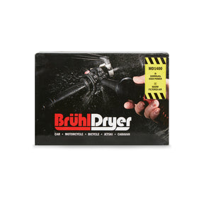 Imballaggio del Brühl Dryer MD1400 mostrante il dispositivo in azione su una moto, evidenziando le specifiche di 1600 watt e aria filtrata calda