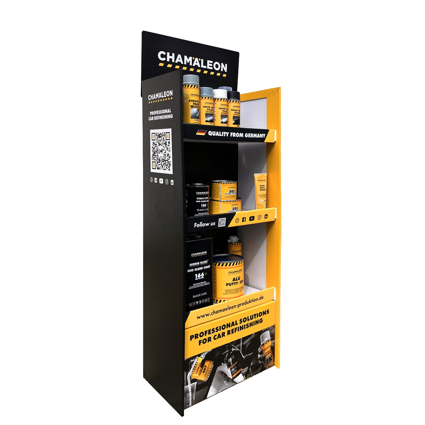 Espositore laterale Chamäleon con prodotti per la carrozzeria auto, vernici, stucchi e trasparenti professionali.