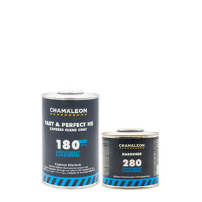 Chamaleon HS 2K Fast & Perfect Express Clear Coat 180 con catalizzatore, vernice trasparente a rapida essiccazione per finitura lucida su superfici verniciate.