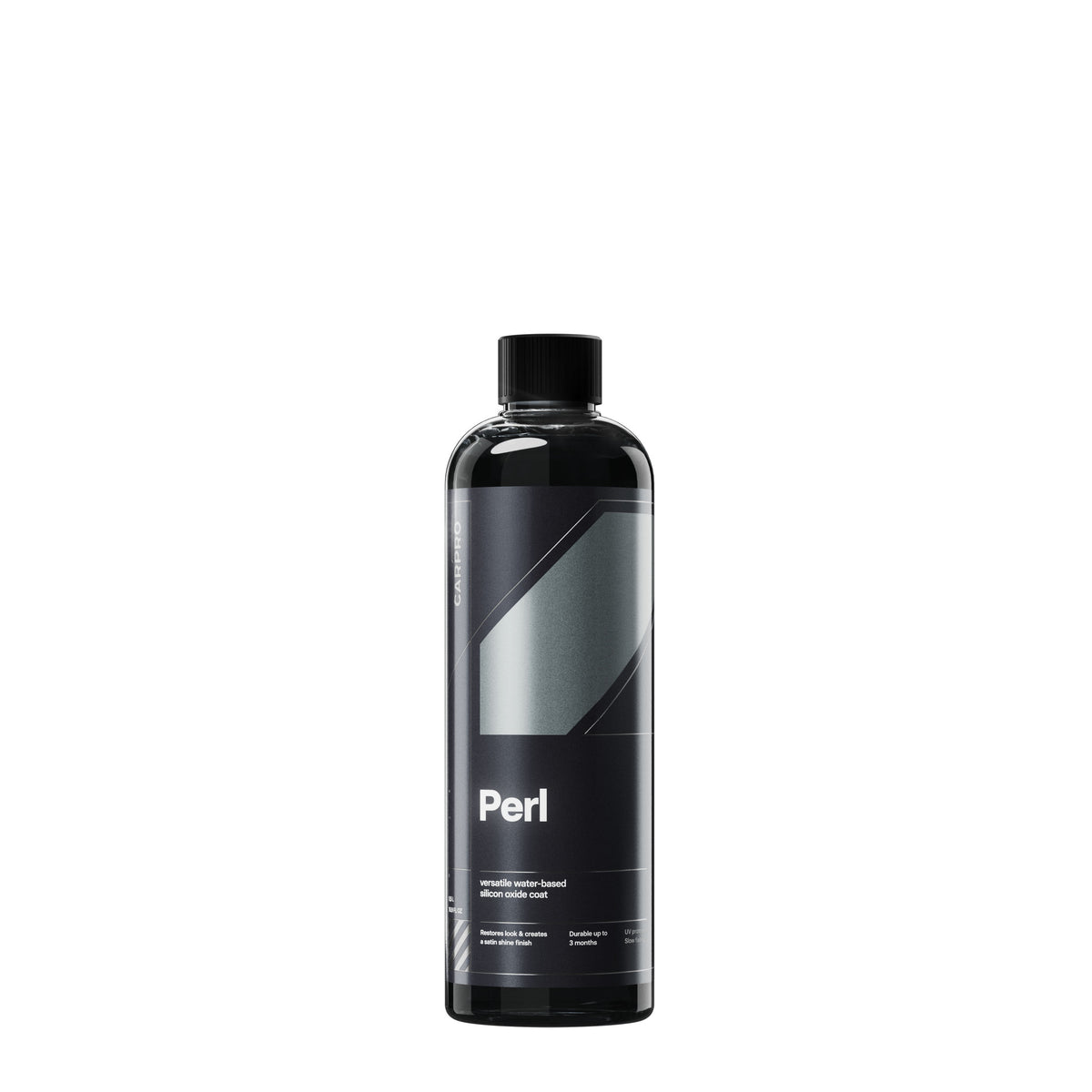 Flacone di CARPRO Perl, un trattamento a base d'acqua per proteggere e ravvivare le superfici in plastica, gomma e pelle dell'auto, con etichetta bianca, nera e grigia.
