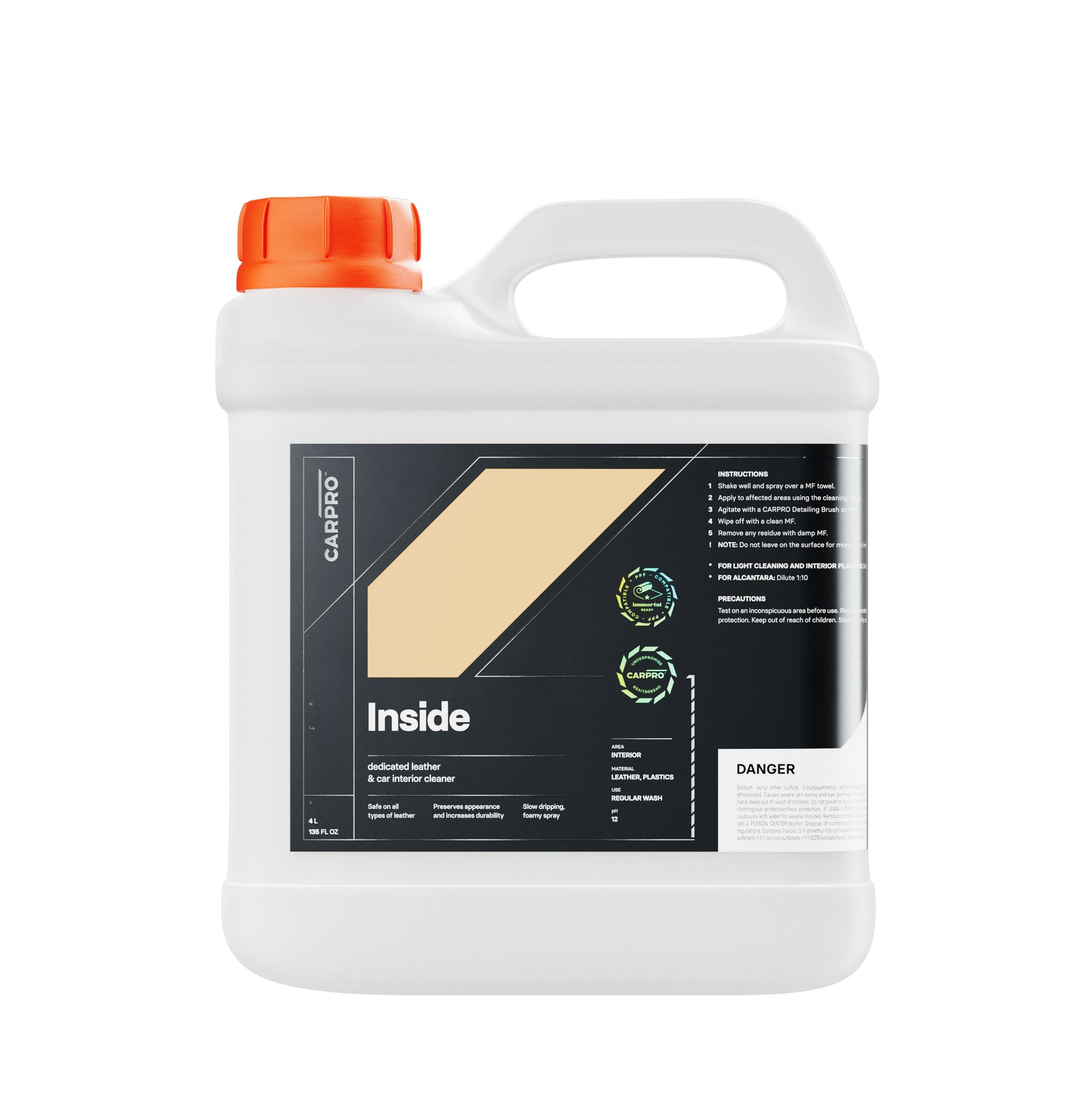 Contenitore da 4 litri di CARPRO Inside, detergente per interni auto, con manico e etichetta bianca con dettagli beige e grigi, ideale per uso professionale nella pulizia delle superfici interne.