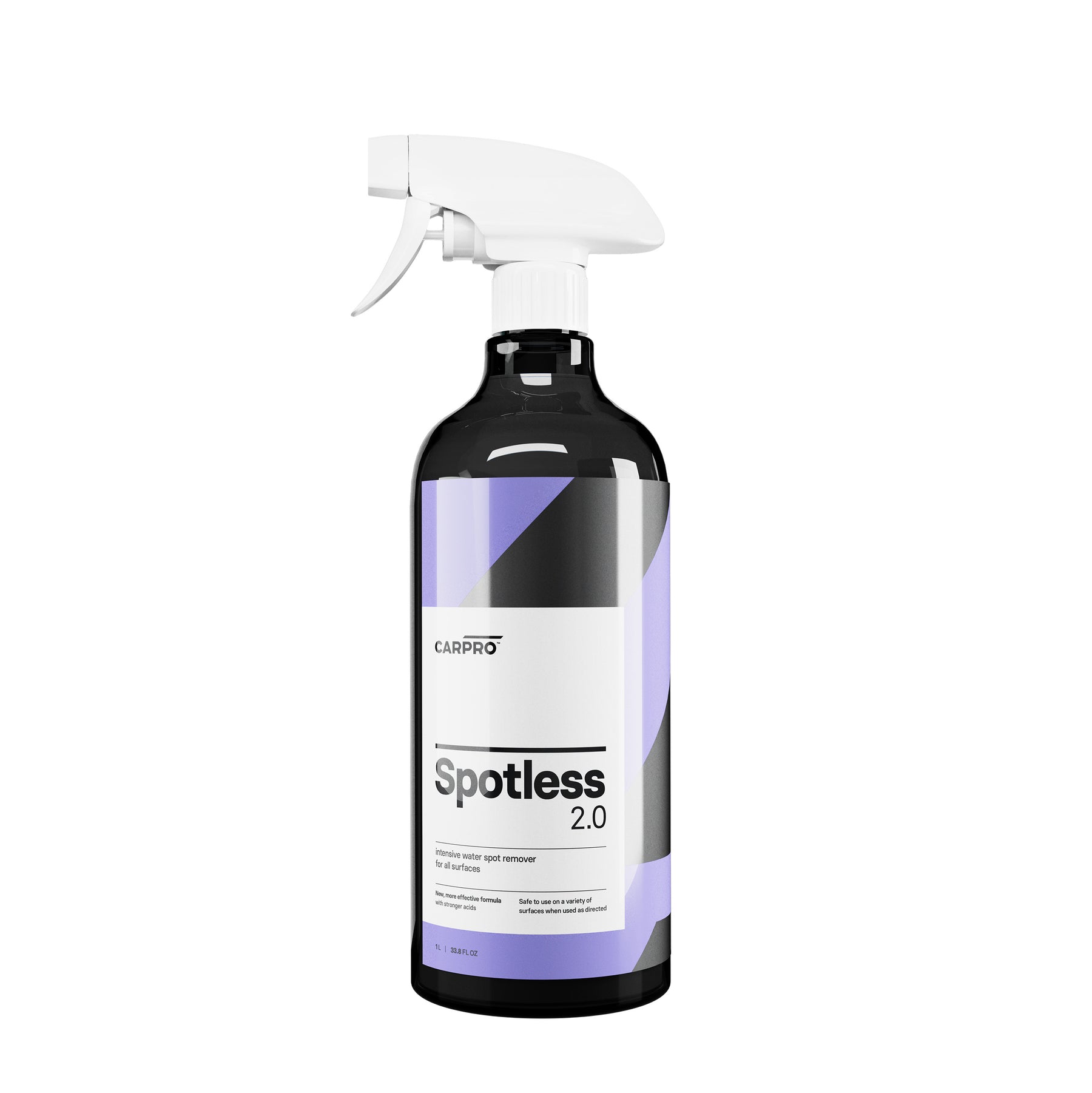  Grande bottiglia spray di CARPRO Spotless 2.0 detergente per rimozione macchie di calcare, con etichetta bianca e viola, su sfondo bianco.