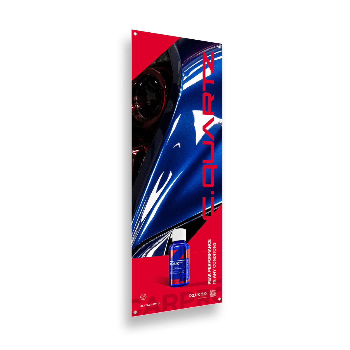 Banner promozionale CARPRO C.QUARTZ UK, con un flacone di rivestimento ceramico in primo piano e un'immagine di un'auto lucida sullo sfondo, evidenziando le alte prestazioni del prodotto in tutte le condizioni.