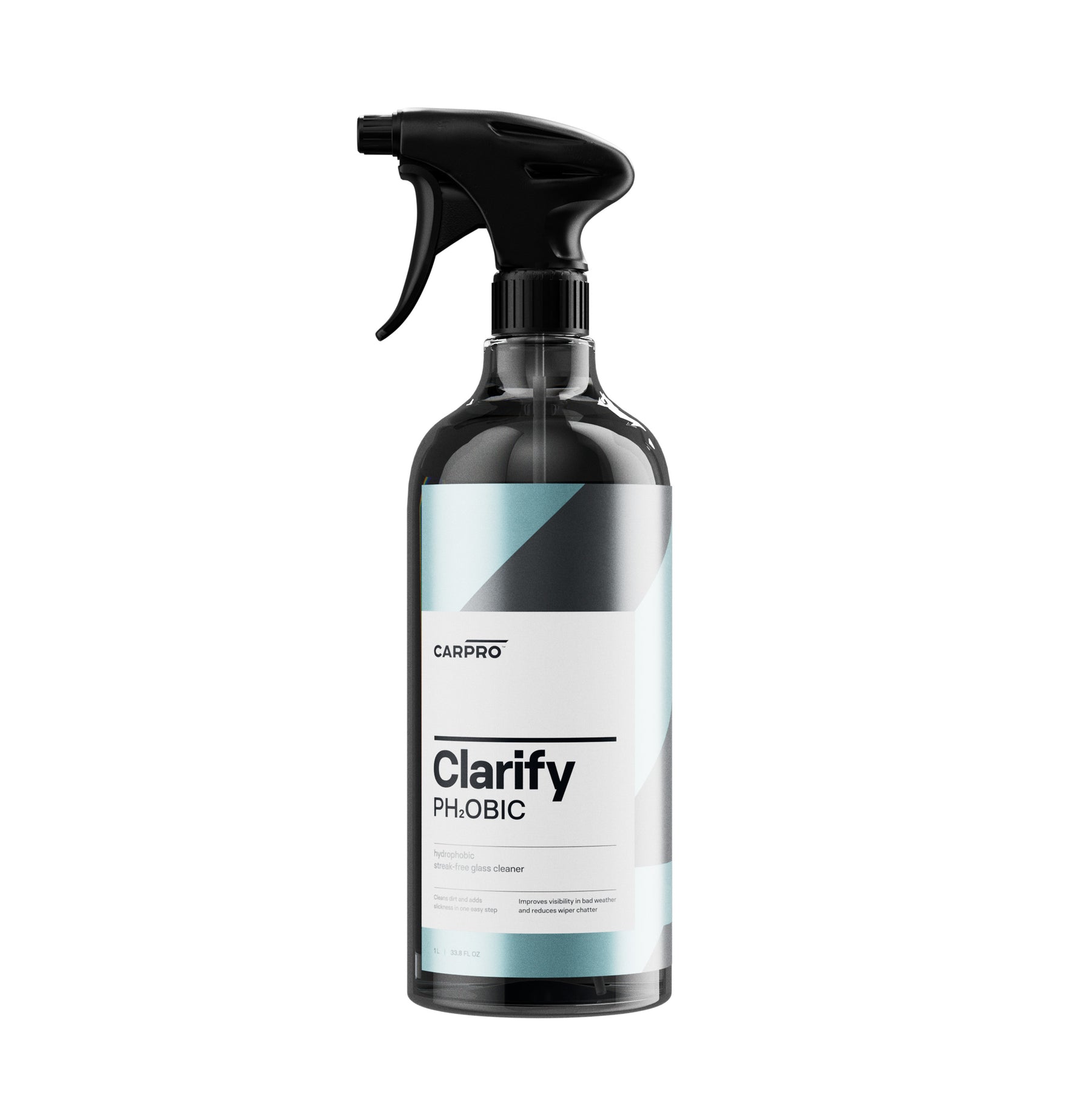 Flacone di detergente per vetri CARPRO Clarify PH2OBIC  con spruzzatore nero.