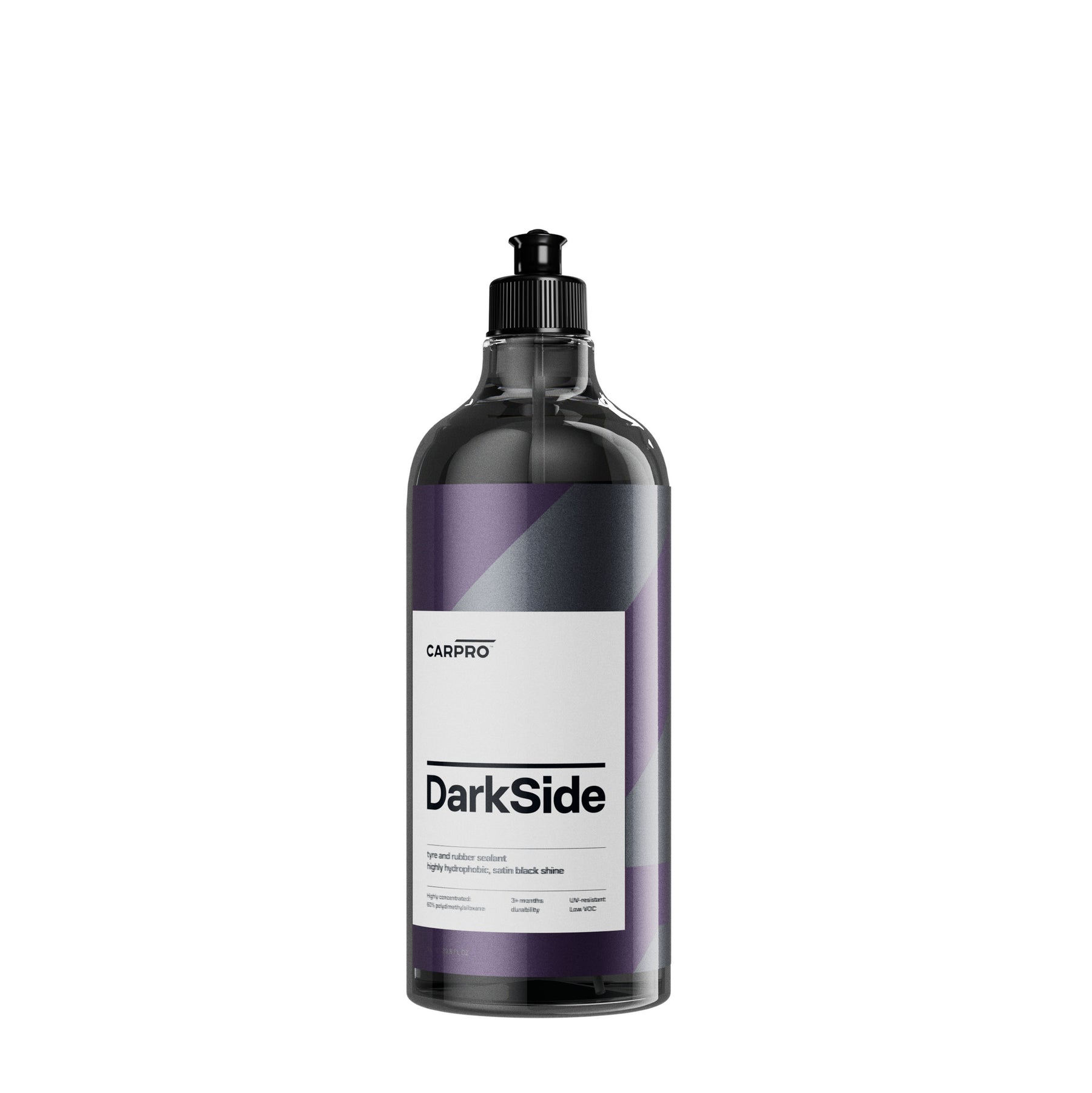 Flacone di CARPRO DarkSide su sfondo bianco, sigillante per pneumatici che offre protezione duratura e effetto bagnato.
