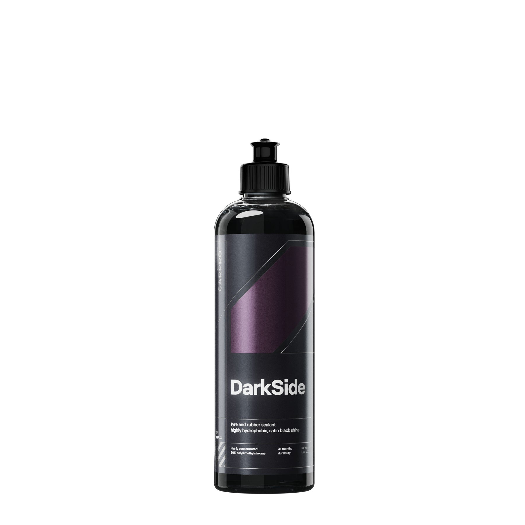 Flacone di CARPRO DarkSide su sfondo bianco, sigillante per pneumatici che offre protezione duratura e effetto bagnato.