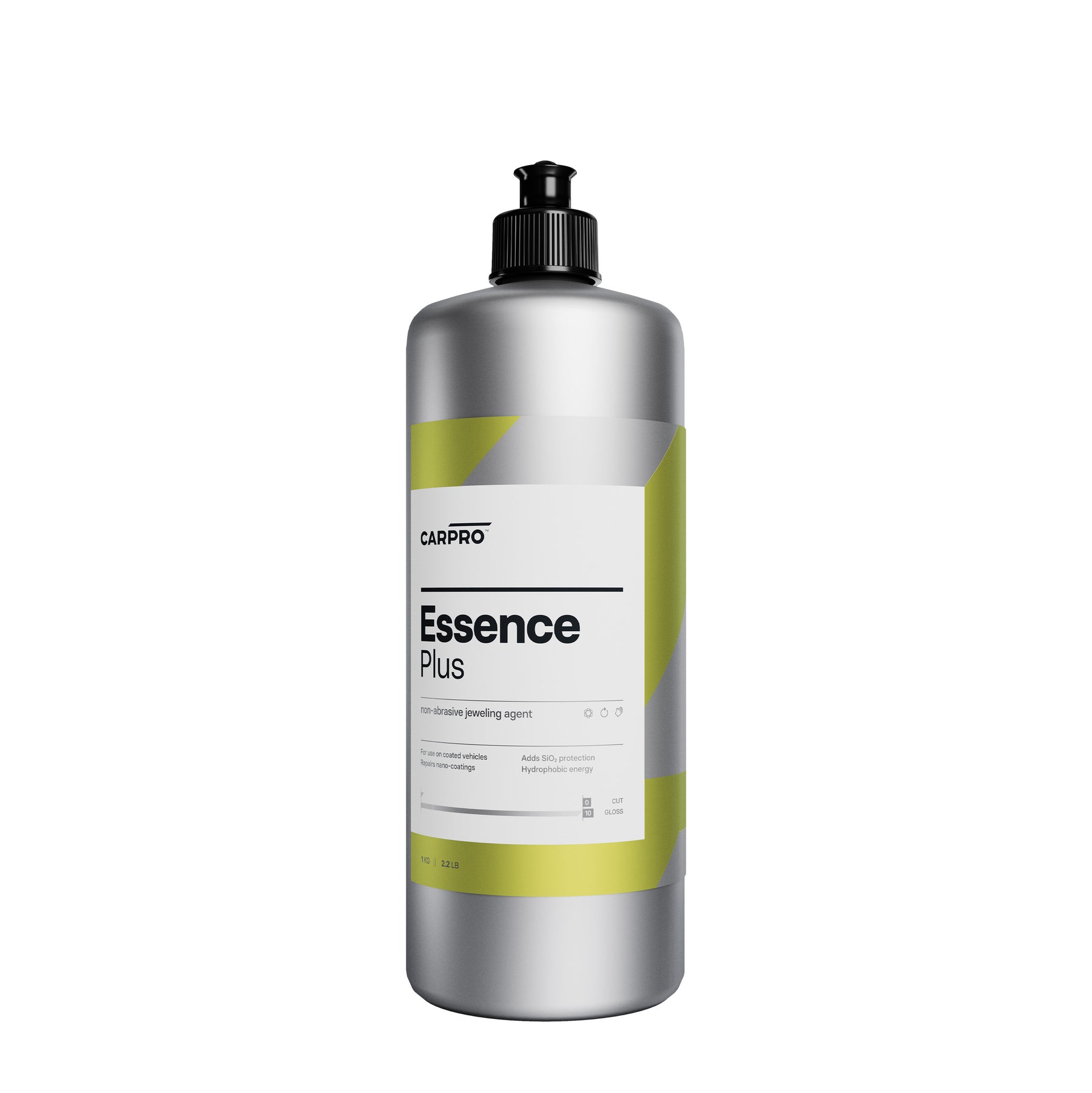 Flacone di CARPRO Essence Plus su sfondo bianco, ideale per ripristinare e proteggere la lucentezza della vernice del veicolo con una finitura brillante e duratura. 