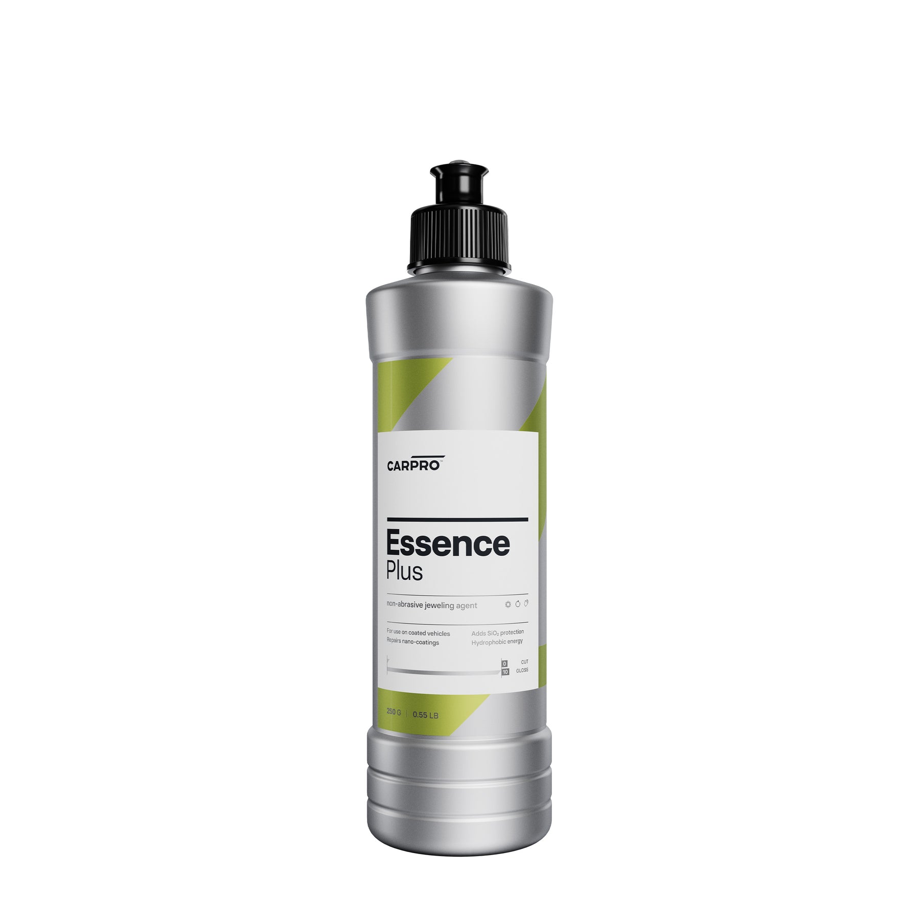 Flacone di CARPRO Essence Plus su sfondo bianco, ideale per ripristinare e proteggere la lucentezza della vernice del veicolo con una finitura brillante e duratura. 