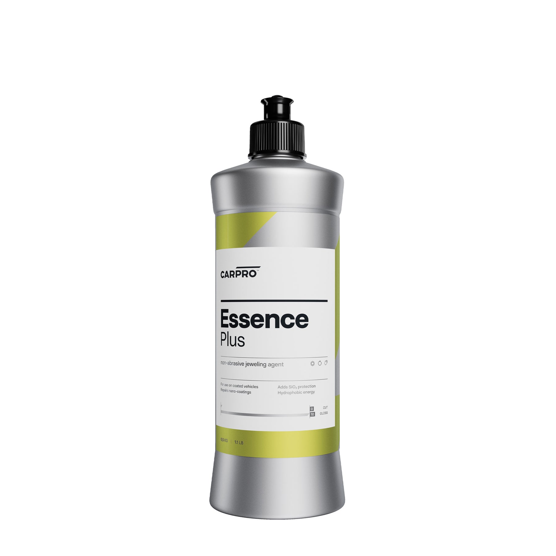 Flacone di CARPRO Essence Plus su sfondo bianco, ideale per ripristinare e proteggere la lucentezza della vernice del veicolo con una finitura brillante e duratura.  