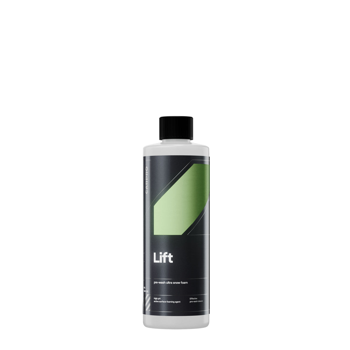 Flacone di CARPRO Lift, uno shampoo schiumogeno ultra per prelavaggio, con etichetta bianca, verde e grigia, progettato per rimuovere sporco e contaminanti prima del lavaggio principale dell'auto.Bottiglia di CARPRO Lift Prelavaggio Schiumogeno, detergente ad alta potenza per rimuovere sporco e contaminanti dalla carrozzeria dell'auto.