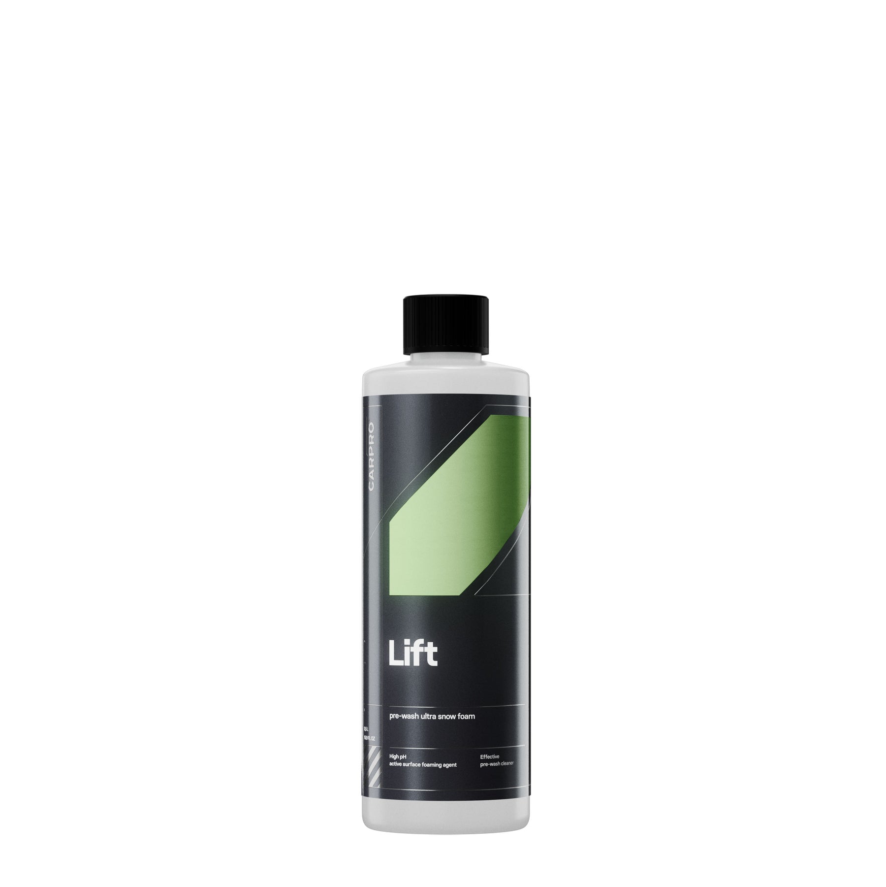 Flacone di CARPRO Lift, uno shampoo schiumogeno ultra per prelavaggio, con etichetta bianca, verde e grigia, progettato per rimuovere sporco e contaminanti prima del lavaggio principale dell'auto.Bottiglia di CARPRO Lift Prelavaggio Schiumogeno, detergente ad alta potenza per rimuovere sporco e contaminanti dalla carrozzeria dell'auto.