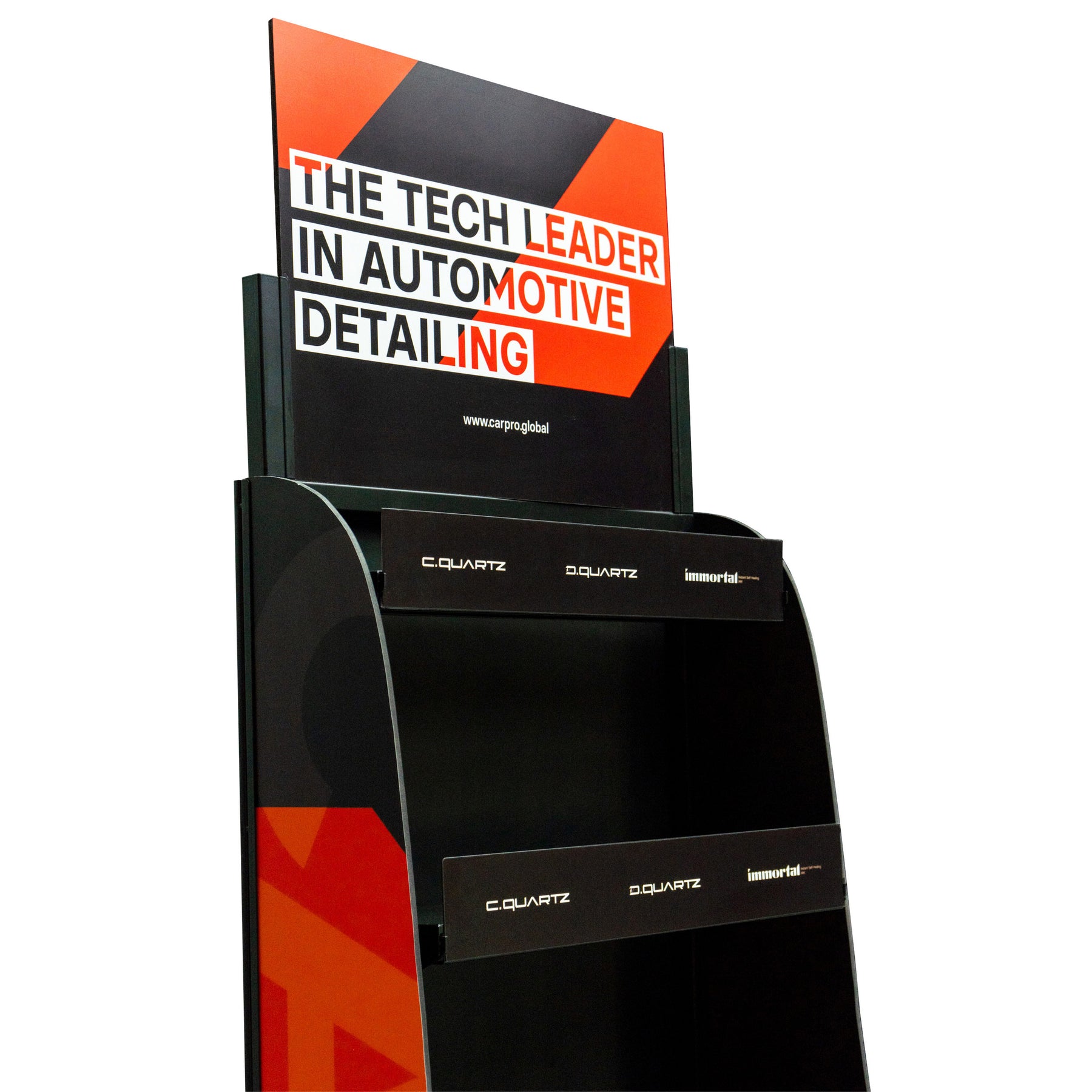 Espositore a pavimento CARPRO nero, ideale per organizzare e mostrare prodotti di detailing in modo professionale, su sfondo bianco.