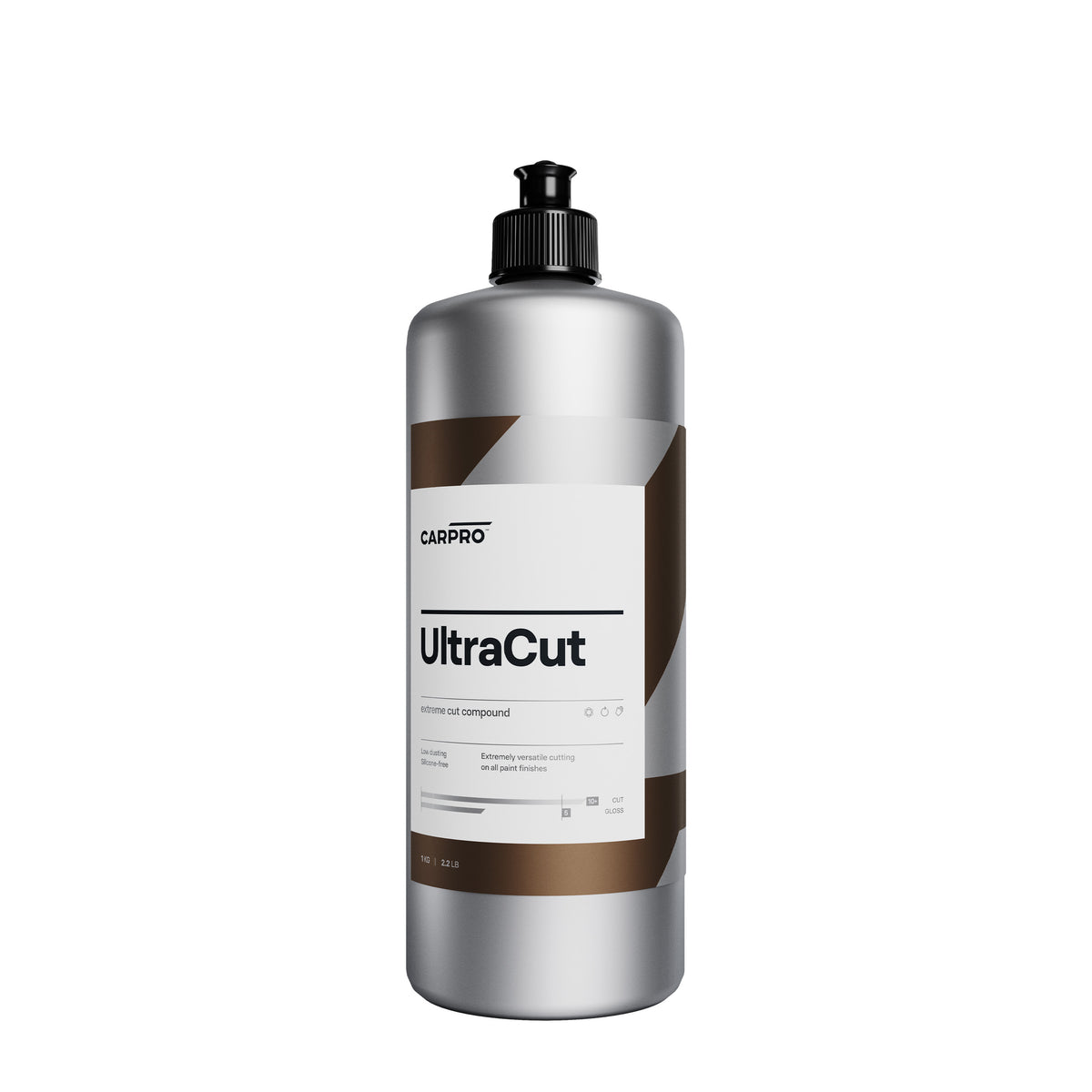 Flacone di CarPro Ultracut, polish ultra abrasivo per la rimozione di difetti gravi e finitura impeccabile delle superfici auto.