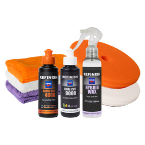 Prodotti CARTEC Rapid Cut 4000, Final Cut 9000 e Hybrid Wax con tamponi e microfibre per lucidatura e protezione vernice