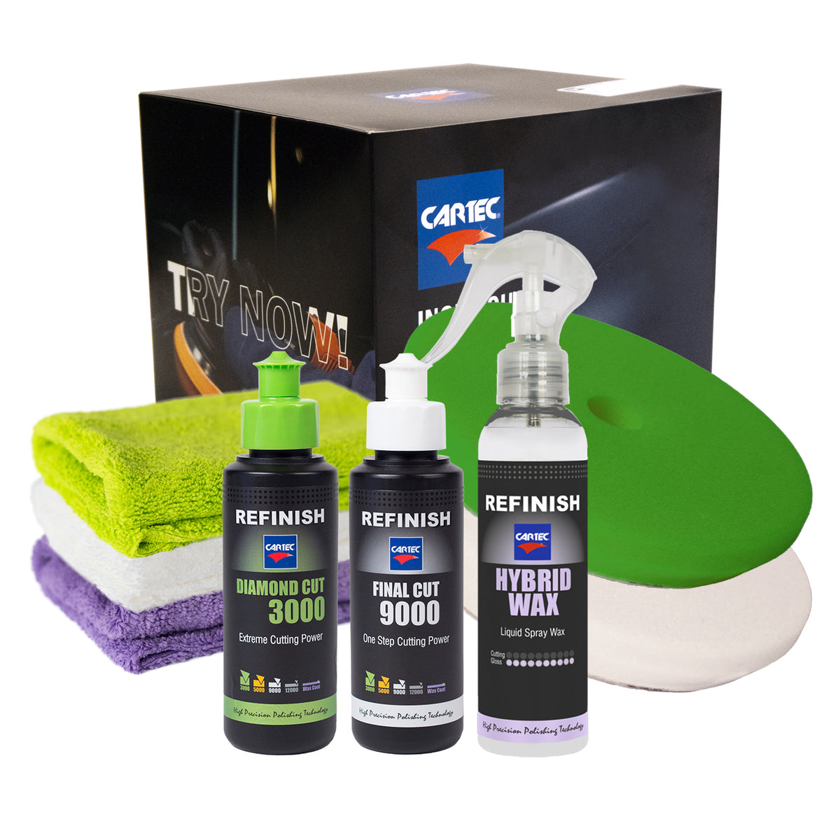 Kit lucidatura CARTEC con Rapid Cut 3000, Final Cut 9000, Hybrid Wax, tamponi e panni in microfibra