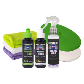 Prodotti CARTEC Rapid Cut 000, Final Cut 9000 e Hybrid Wax con tamponi e microfibre per lucidatura