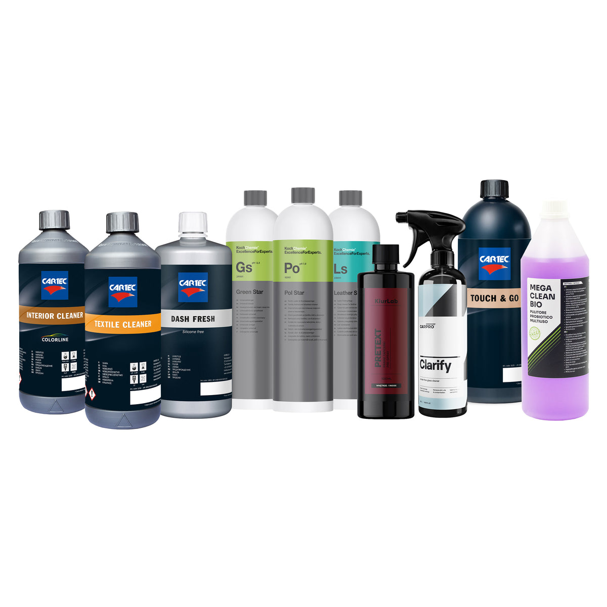 Immagine del CARISMATIX Kit Pulizia e Protezione Interni Pro con prodotti per la cura completa di plastiche, tessuti, pelle e vetri auto