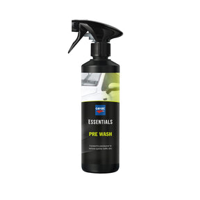 Flacone di CARTEC Pre Wash con spruzzino nero, detergente prelavaggio efficace per rimuovere lo sporco ostinato dai veicoli.