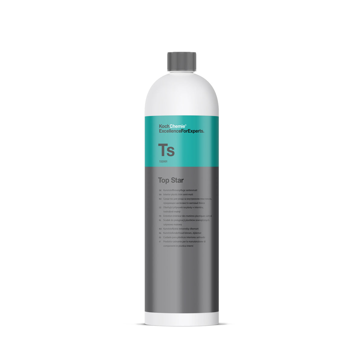 Bottiglia Koch Chemie TS Top Star da 1 litro con etichetta turchese, ideale per trattare plastiche e cruscotti auto con finitura satinata