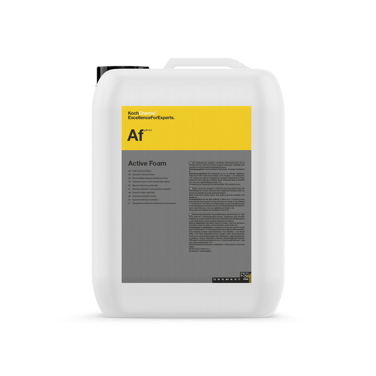 Tanica Koch-Chemie Active Foam 10L con schiuma attiva profumata per la pulizia professionale e delicata delle superfici auto.