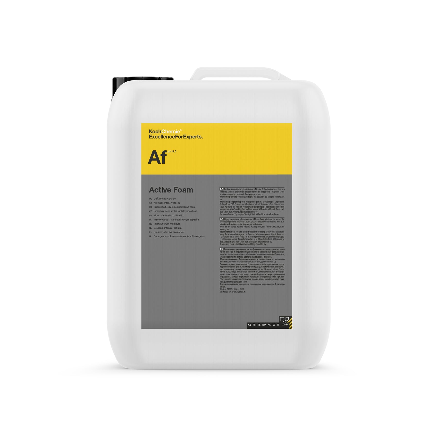 Tanica Koch-Chemie Active Foam 10L con schiuma attiva profumata per la pulizia professionale e delicata delle superfici auto.