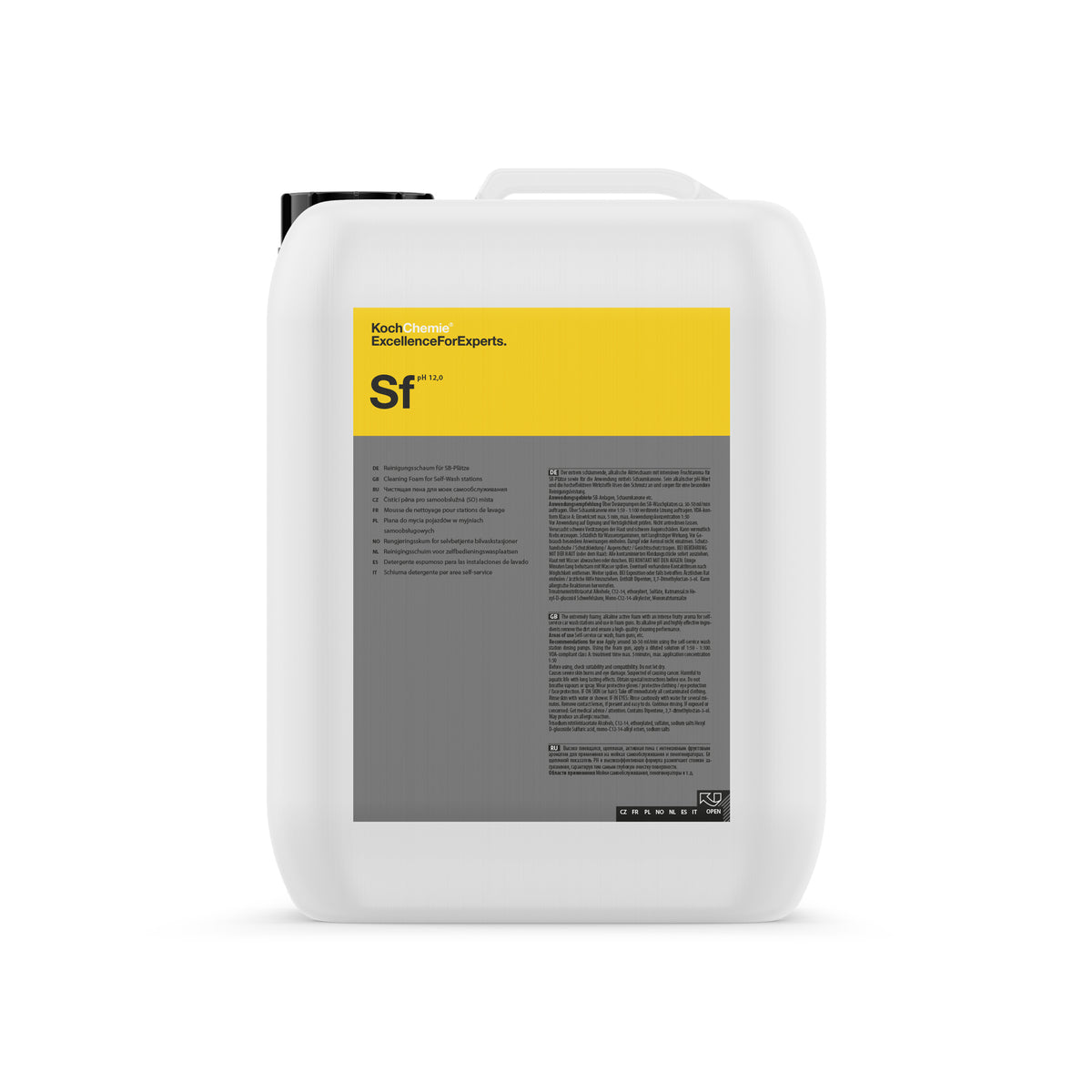 Tanica Koch Chemie SF Super Foam da 10 litri con etichetta gialla e grigia per lavaggi auto con schiuma attiva alcalina