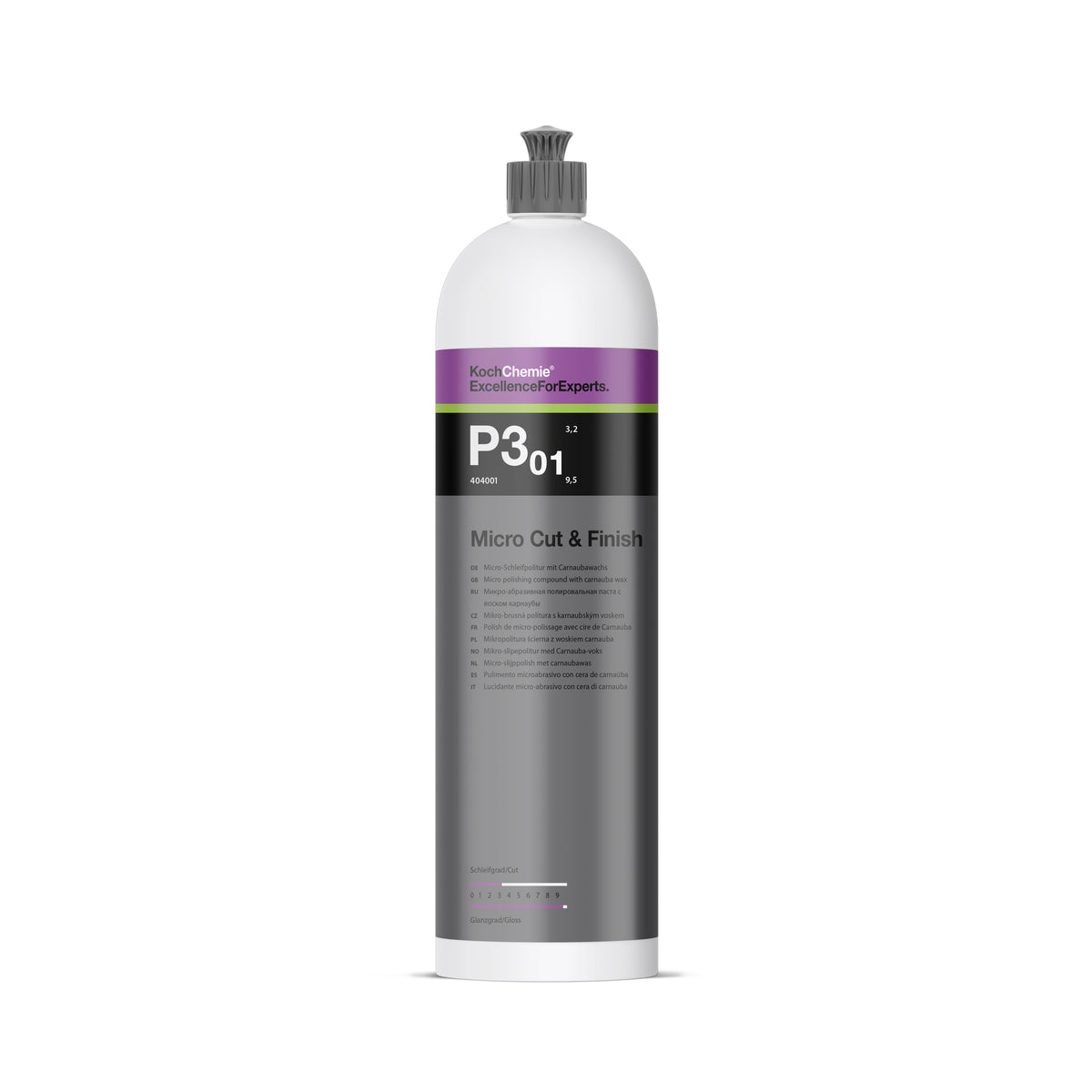 flacone Koch-Chemie Micro Cut & Finish P3.01 polish finitura anti-ologrammi con cera e alta brillantezza per vernici auto