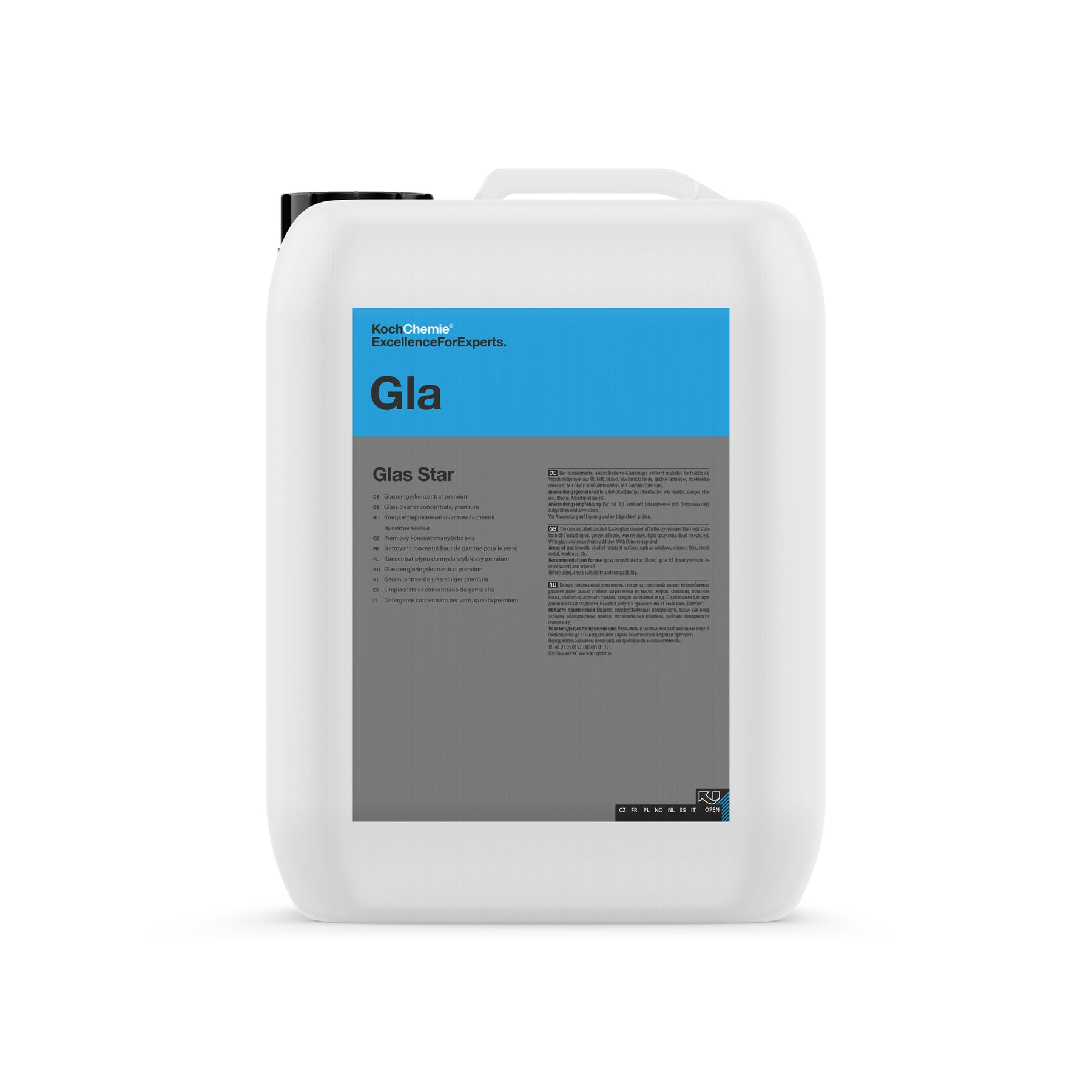 tanica da 10L di Koch Chemie Glas-Star, pulitore vetri auto pH neutro con finitura anti-aloni