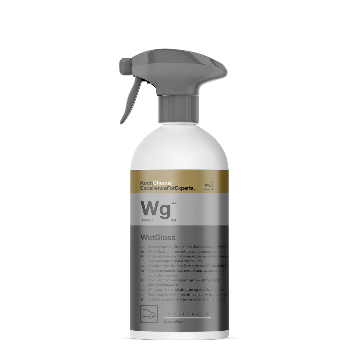 Spray sigillante KOCH-CHEMIE Wg WetGloss per superfici esterne auto, effetto lucido e idrofobico, facile da applicare.
