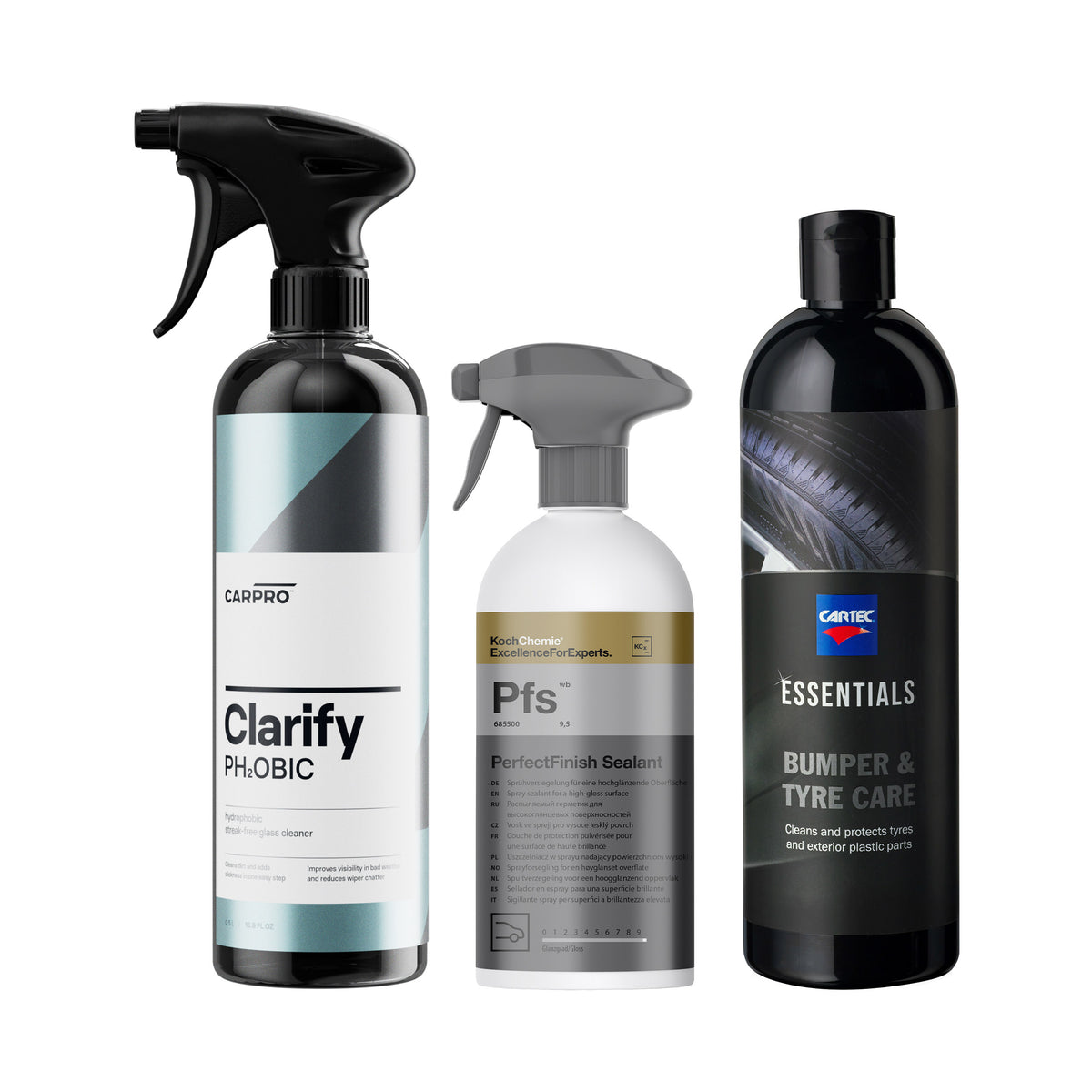 Kit protezione auto inverno con CarPro Clarify, KochChemie PFS e Cartec Bumper & Tyre Care per vetri, guarnizioni e pneumatici