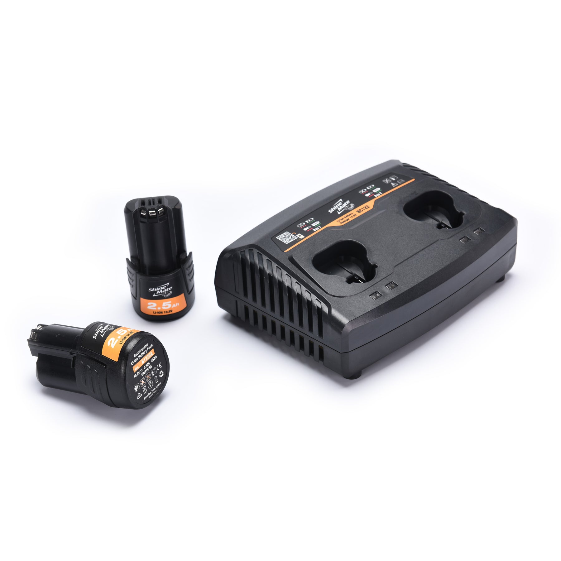 SHINEMATE Caricabatteria Doppio per lucidatrici cordless, ricarica due batterie contemporaneamente per una maggiore efficienza nei lavori di detailing.