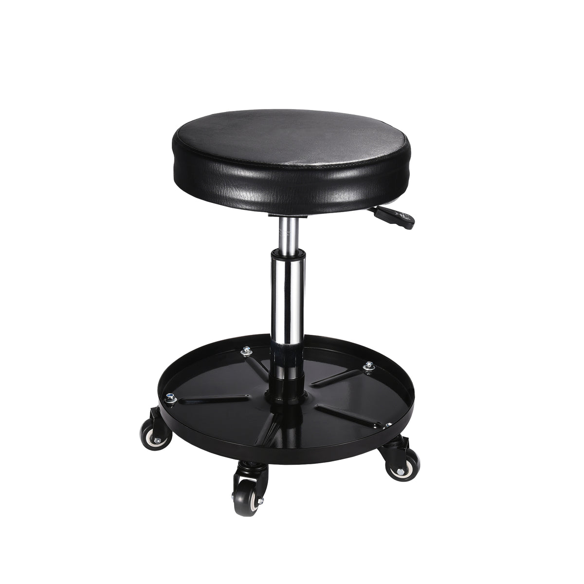 Sgabello mobile regolabile con seduta imbottita, struttura in acciaio e base con ruote per un facile movimento, ideale per lavori di detailing.