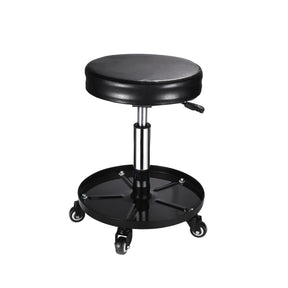 Sgabello mobile regolabile con seduta imbottita, struttura in acciaio e base con ruote per un facile movimento, ideale per lavori di detailing.
