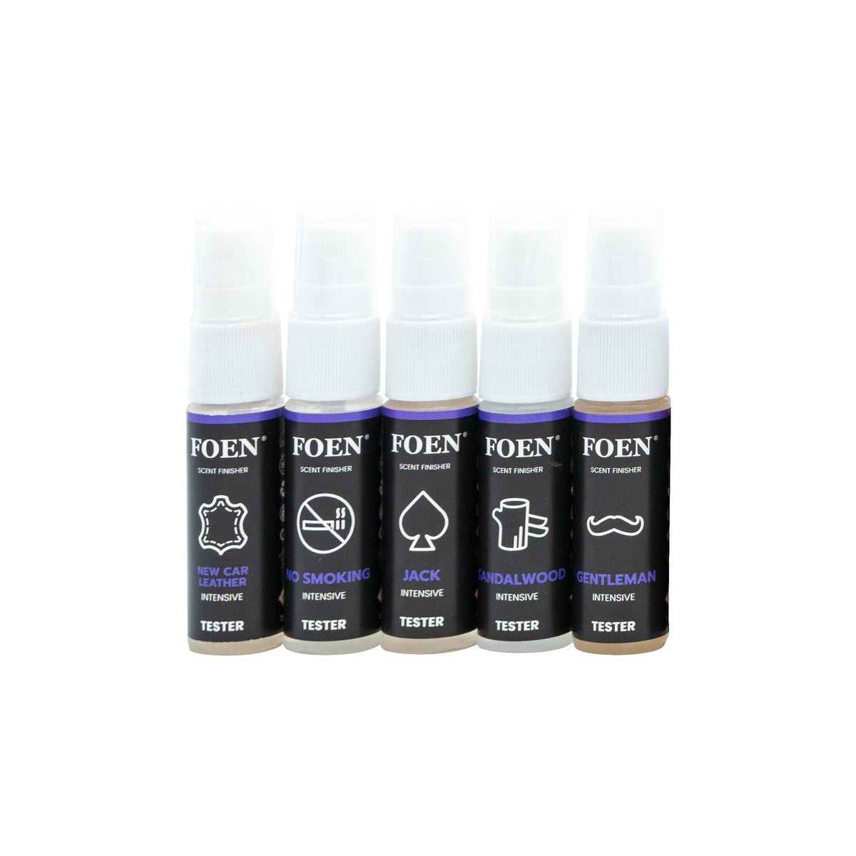 Cinque flaconi del FOEN Tester Kit con diverse fragranze, tra cui New Car Leather, No Smoking, Jack, Sandalwood, e Gentleman, perfettamente allineati per offrire un'esperienza olfattiva personalizzata.