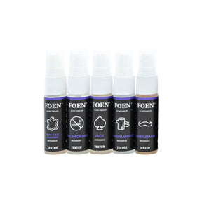 Cinque flaconi del FOEN Tester Kit con diverse fragranze, tra cui New Car Leather, No Smoking, Jack, Sandalwood, e Gentleman, perfettamente allineati per offrire un'esperienza olfattiva personalizzata.