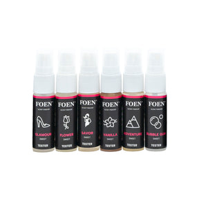 Sei flaconi del FOEN Tester Kit con fragranze dolci, tra cui Glamour, Flower, Savor, Vanilla, Adventure, e Bubble Gum, ideali per chi cerca profumi delicati e avvolgenti.