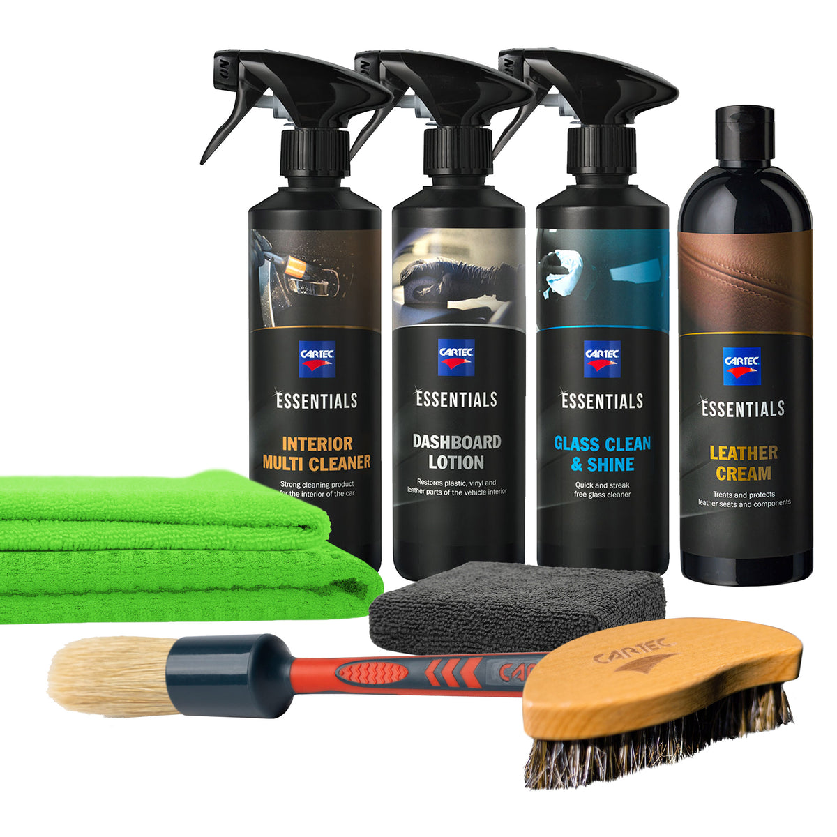 Kit CARTEC per la pulizia e protezione degli interni in pelle del veicolo, composto da prodotti specifici per cura e manutenzione.