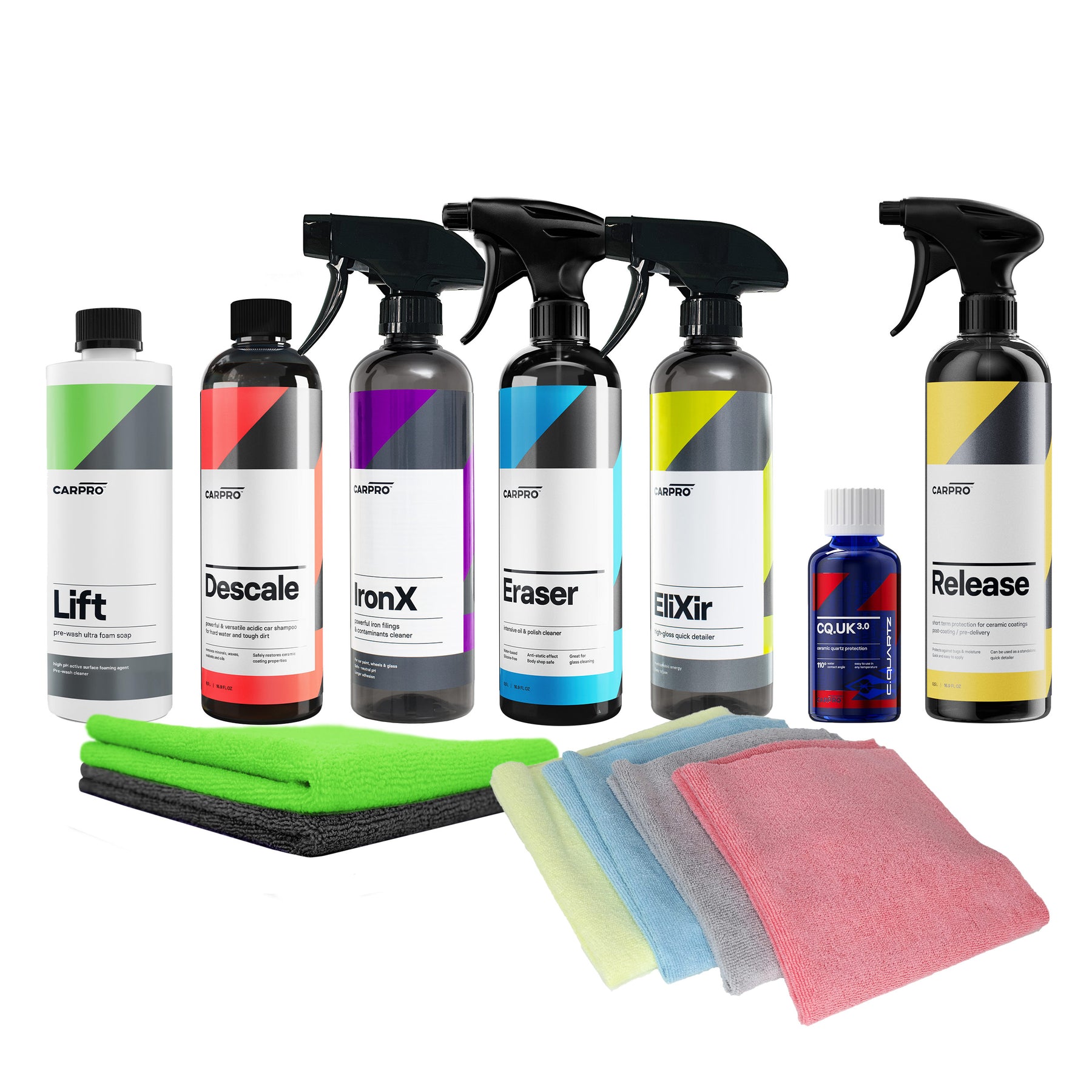 Set di prodotti CARPRO per il lavaggio auto, decontaminazione e protezione nanotecnologica, con flaconi di vari detergenti e panni in microfibra colorati.