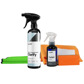 CARPRO Kit per la pulizia e l'antiappannamento dei vetri, con spray Clarify, spray Fogfight, panni in microfibra e spugna arancione.