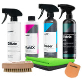 Kit CARPRO per la pulizia e la protezione dei tessuti interni e della capote dell'auto, inclusi vari prodotti specifici per una cura completa.